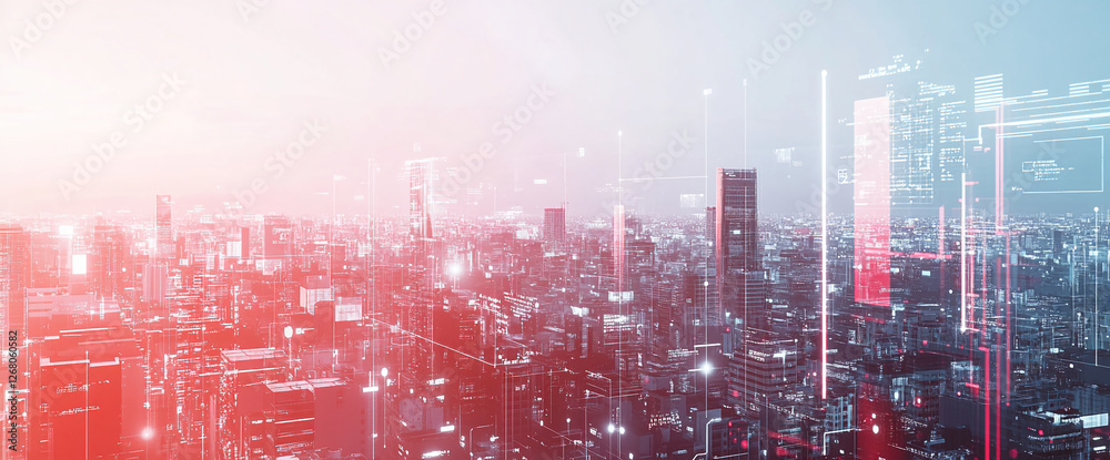 Poster futuristic city skyline with digital data overlays, showcasing intersection of technology and urban 