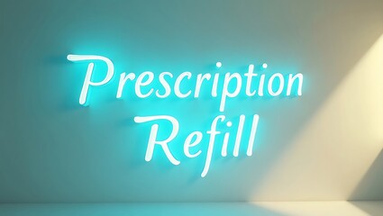 Prescription refill sign illuminated with blue light in a pharmacy setting