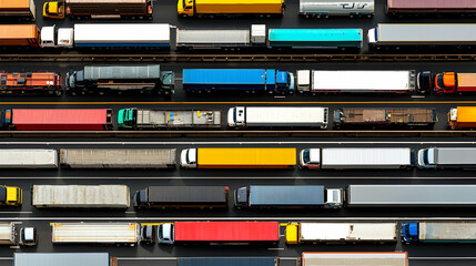 Aerial view of colorful trucks in highway traffic jam, urban logistics and transportation background, for industry reports