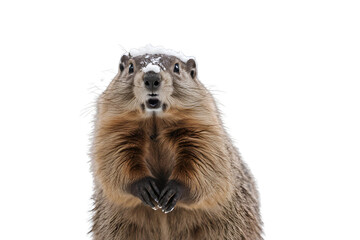 Cozy and Cold: A Groundhog Wrapped Up in Warmth on a Snowy Winter Day
