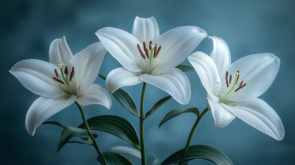 Fototapeta premium Elegant Minimalist White Lily Bouquet Against a Pastel Background with Soft Romantic Lighting and Gentle Shadows