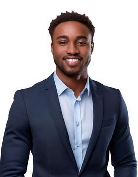 A professional headshot of a smiling young African American man in a suit, isolated against a transparent background.