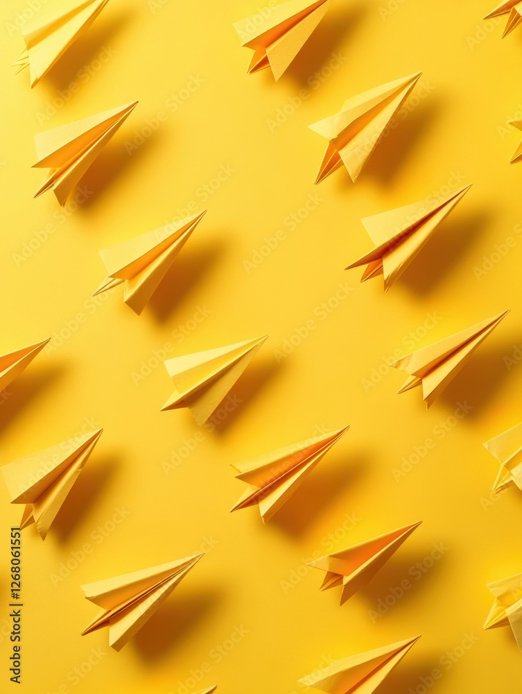 Poster Group of paper planes flying in one direction with one aircraft pointing the other way representing creativity and innovation. Generative AI