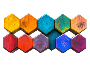 Hexagonal colored pencils arranged in a row, vibrant stationery art,