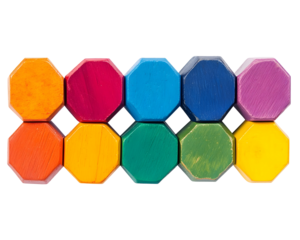 Hexagonal colored pencils arranged in a row, vibrant stationery art,