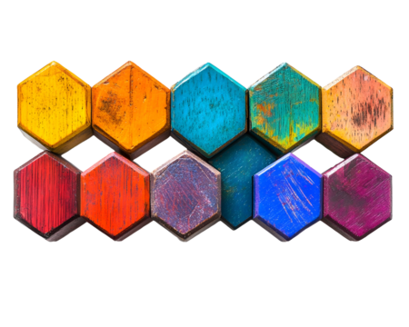 Hexagonal colored pencils arranged in a row, vibrant stationery art,