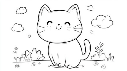 Adorable Happy Cartoon Cat Sitting Outdoors Cute Kitten Coloring Page Pet Animal Illustration Childrens Book Design Kawaii Style Simple Line Art      