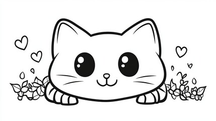 Obraz premium Adorable Kawaii Cat Illustration Cute Pet Animal Drawing Black White Line Art Design Sweet Kitten Graphic Lovely Kitty Image Happy Pet Graphic Design 
