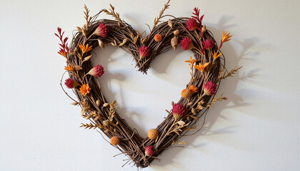 Rustic heart-shaped wreath adorned with dried flowers, seasonal decor