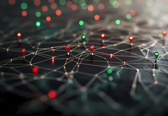 Global Network: A mesmerizing abstract representation of interconnectedness.  Red and green pins on a dark, intricate web of lines symbolize the vast and complex global network of relationships.