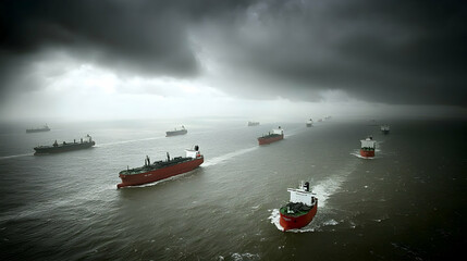 Fototapeta premium Cargo ships navigate stormy sea, heavy clouds loom, aerial view, global trade