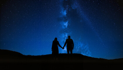 Fototapeta premium Silhouette of couple under starry night sky on hill, romantic unity