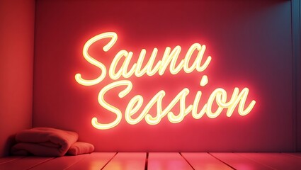 Bright neon sign announcing sauna session in a cozy wellness space