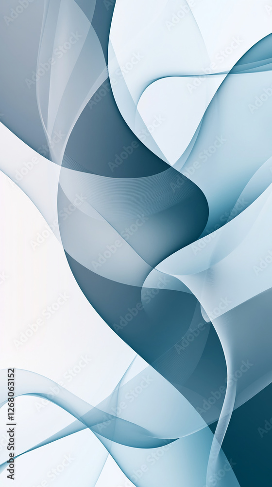 Poster soft blue and white abstract waves and curves in a dynamic, flowing design, symbolizing elegance, fl