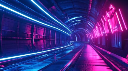 Fototapeta premium Futuristic abandoned tunnel with bright blue neon lights. Urban landscape. Cyberpunk wallpaper. Industrial zone in a city of a future. Photorealistic 3d illustration.