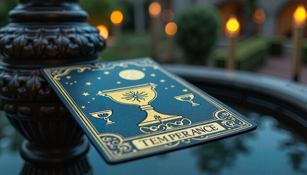 Tarot card Temperance resting on decorative pedestal beside water in serene garden setting