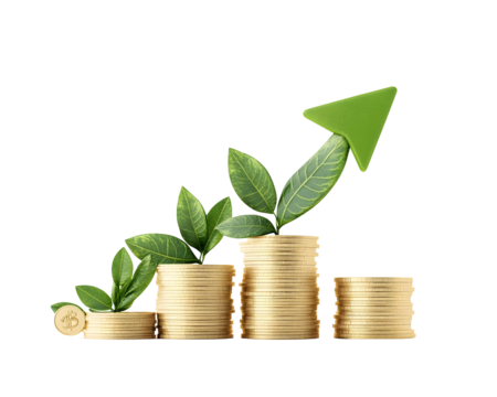 Increasing stacks of golden coins with a smooth upward green arrow, representing financial success and growth with an environmentally positive connotation.