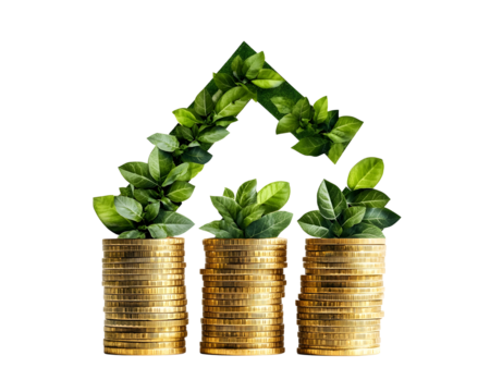 Increasing stacks of golden coins with a smooth upward green arrow, representing financial success and growth with an environmentally positive connotation.