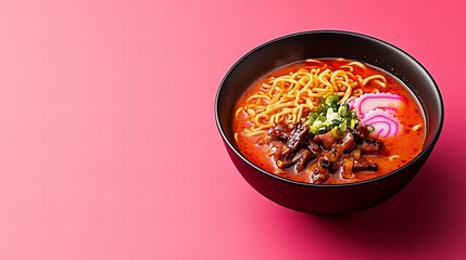 Spicy ramen noodles with sliced meat and pink fish cake in a dark bowl, on pink background.
