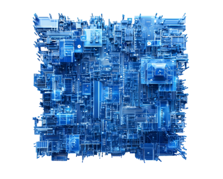 Intricate blue circuit board with complex electronic patterns representing modern technology.