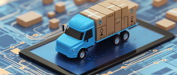 Digital Delivery: A blue truck loaded with cardboard boxes, symbolizes a seamless and efficient delivery service, driving onto a digital screen that represents the online marketplace.