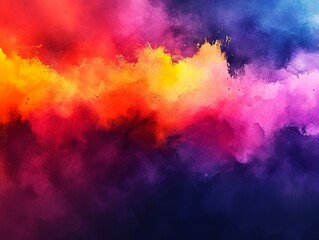Fototapeta premium A watercolor painting with seamless color transitions from warm red and orange to cool pink, violet, and blue, with scattered white specks resembling stars