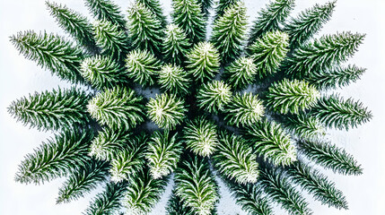 Aerial view of miniature snow-dusted fir trees arranged in a circle on a white background, ideal for holiday cards or winter-themed designs