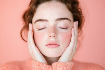 Woman with Freckles and Closed Eyes Touching Face