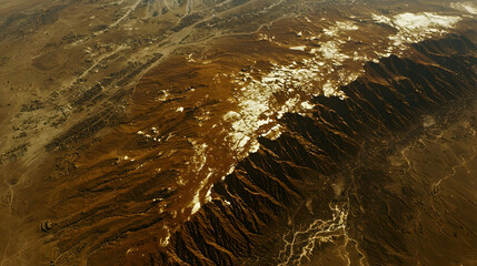 Aerial view of snow-capped mountains in a desert landscape, used for geological studies or travel brochures