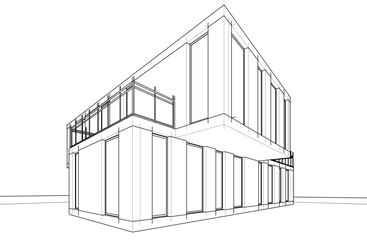 Modern Architectural Wireframe Sketch &ndash; Vector Blueprint of Contemporary Building