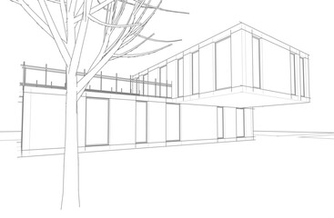 Modern Architectural Wireframe Sketch – Vector Blueprint of Contemporary Building