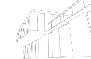Modern Architectural Wireframe Sketch – Vector Blueprint of Contemporary Building