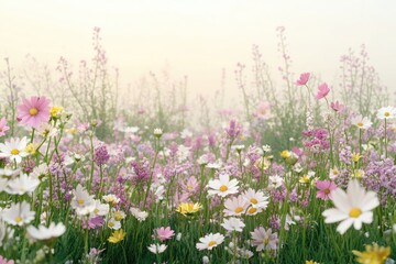 Fototapeta premium Wildflowers growing in a lush meadow, with a distant haze on the horizon