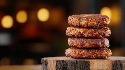 Four quinoa patties stacked on a rustic wooden board. Warm lighting creates a cozy atmosphere.