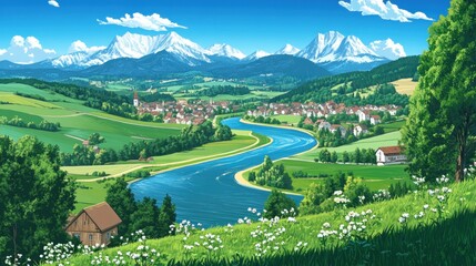 Serene Village Nestled Beside a River and Majestic Mountains