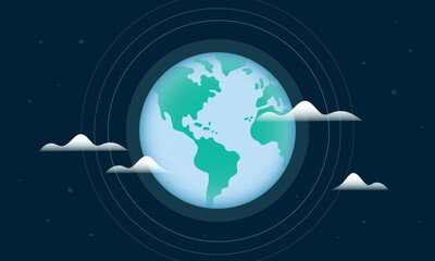 Earth with clouds on dark background. Save the planet. Ecology. Vector illustration