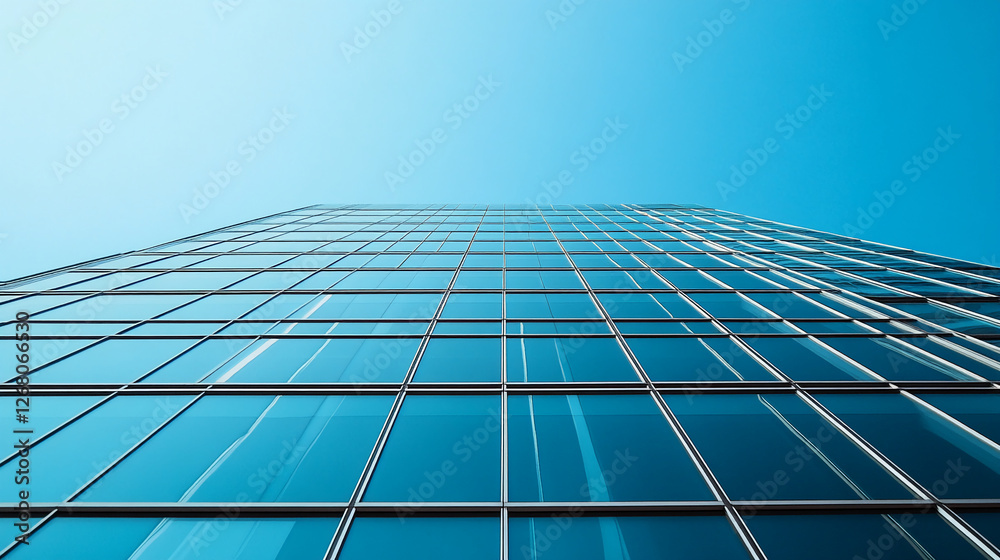 Poster low-angle view of a modern glass building with a clear blue sky, symbolizing architectural design, s