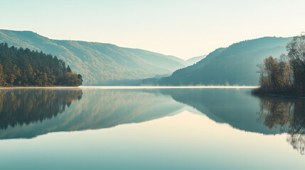 Naklejka premium Serene panoramic view of a tranquil mountain lake with reflections at dawn