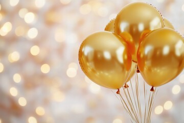A bunch of gold balloons floating in the air, perfect for parties or celebrations