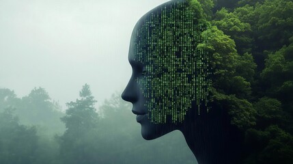Neural network-inspired AI face, rain revealing digital code on one side, dissolving into organic nature on the other
