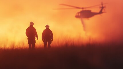 Fototapeta premium firefighters and Helicopter in Silhouette during Sunset
