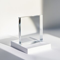 clear acrylic block on white pedestal
