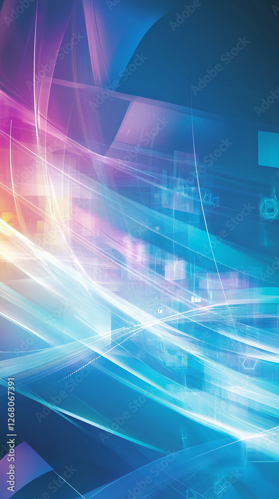 Poster Abstract digital background with flowing neon lines and glowing squares, symbolizing technology, data, innovation, and modern digital design in a futuristic concept.