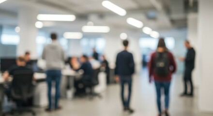 A modern business office with softly blurred professionals in casual attire, creating a relaxed corporate atmosphere.