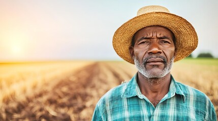 Fototapeta premium Portrait of a farmer, one side experiencing life-giving rain, the other destroyed by drought