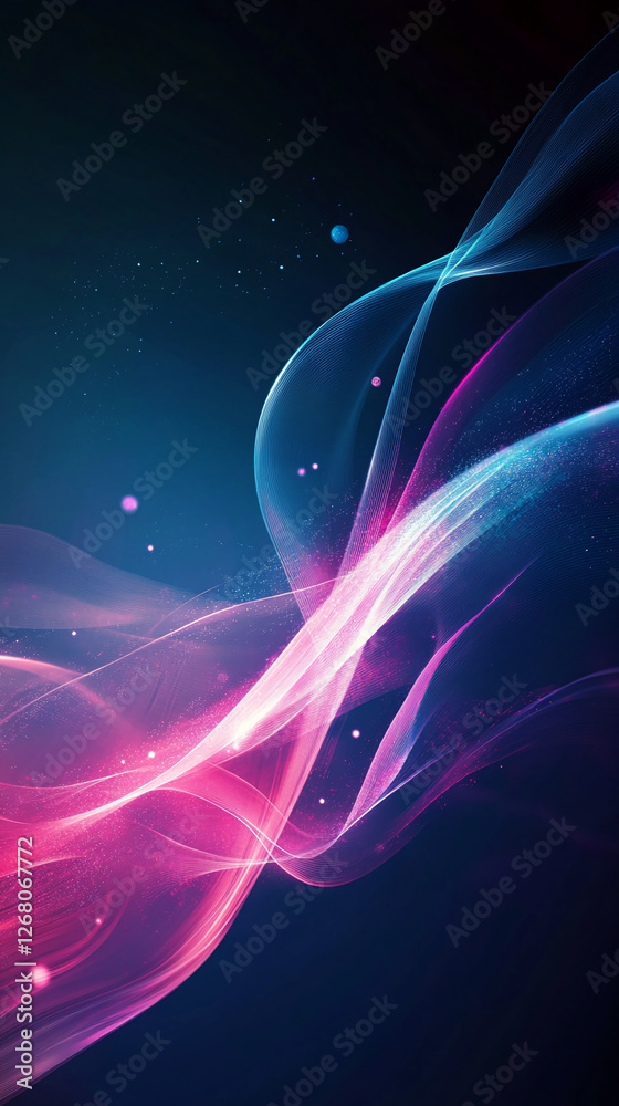 Poster abstract digital background with flowing neon lines in shades of pink and blue, representing the con
