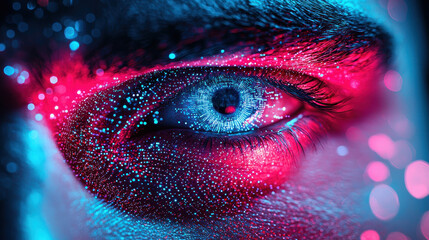 Close-up view of a cyberpunk android with glowing circuitry and intricate textures