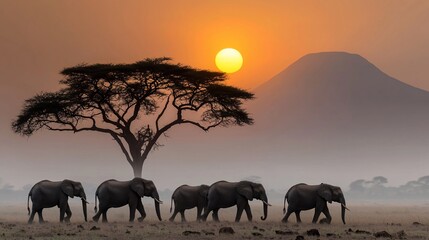 Fototapeta premium Elephant family silhouette at sunset, savanna landscape.