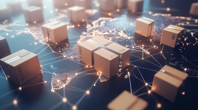Global Delivery Network: A conceptual illustration of interconnected boxes representing global delivery, symbolized by a map of the world illuminated with bright connections.