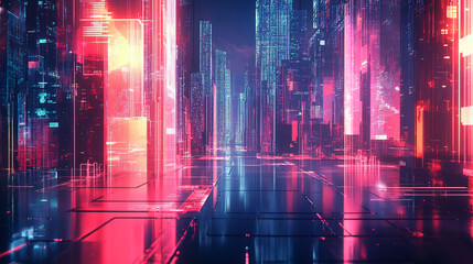 Obraz premium Futuristic cityscape of neon-lit buildings and digital structures in pink, blue, and orange, symbolizing advanced technology, virtual reality, and cyberpunk-inspired data flow.